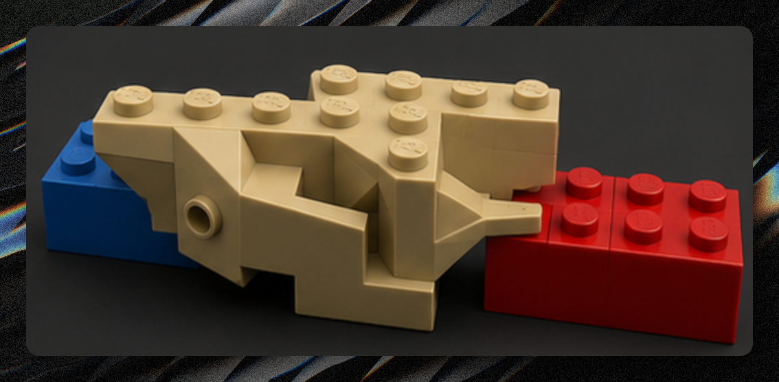 A small LEGO brick connected to larger red and blue pieces